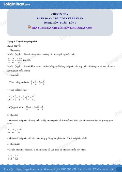 Dạng 3. Thực hiện phép tính Chủ đề 6 Ôn hè Toán 6